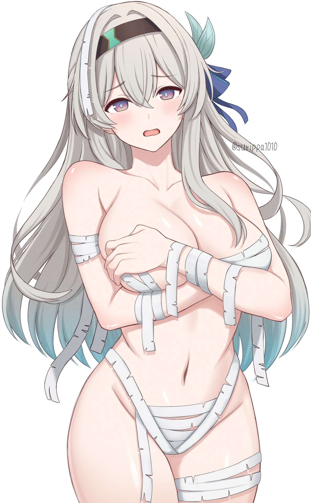 surippa1010, firefly (honkai: star rail), honkai: star rail, honkai (series), commentary request, highres, 1girl, bandages, black hairband, breasts, covering breasts, covering privates, grey hair, hairband, large breasts, long hair, looking at viewer, mummy costume, naked bandage, navel, open mouth, purple eyes, simple background, solo, white background