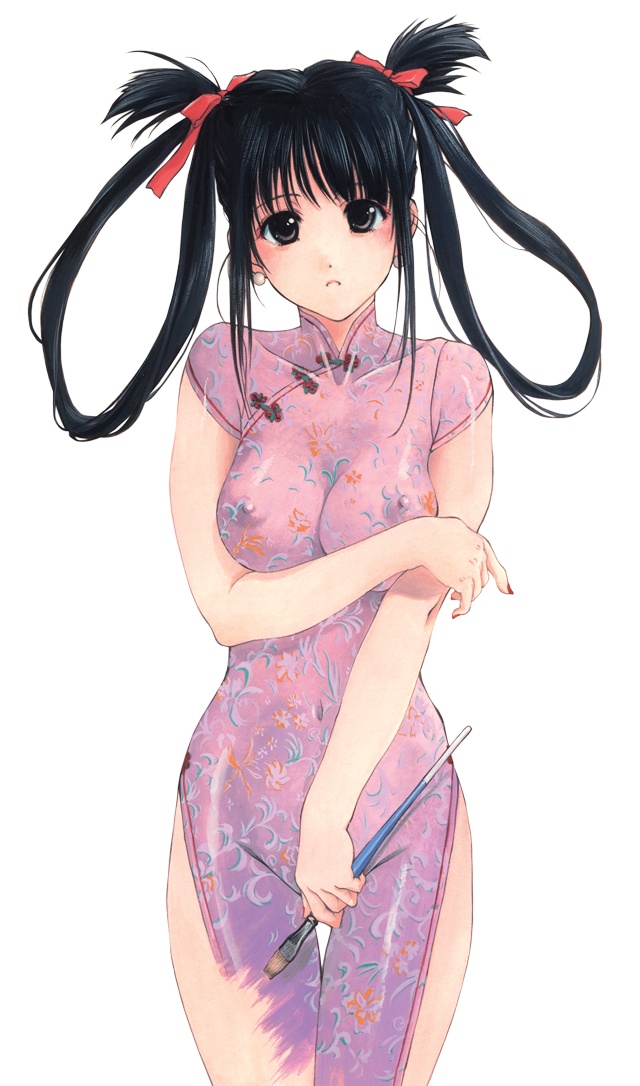 brush, artist request, 1girl, black eyes, black hair, blush, bodypaint, breasts, china dress, chinese clothes, covering breasts, covering crotch, covering privates, dress, earrings, false clothes, female focus, hair rings, jewelry, large breasts, long hair, looking at viewer, nail polish, naked paint, nipples, nude, paint, paintbrush, painted clothes, simple background, solo, white background