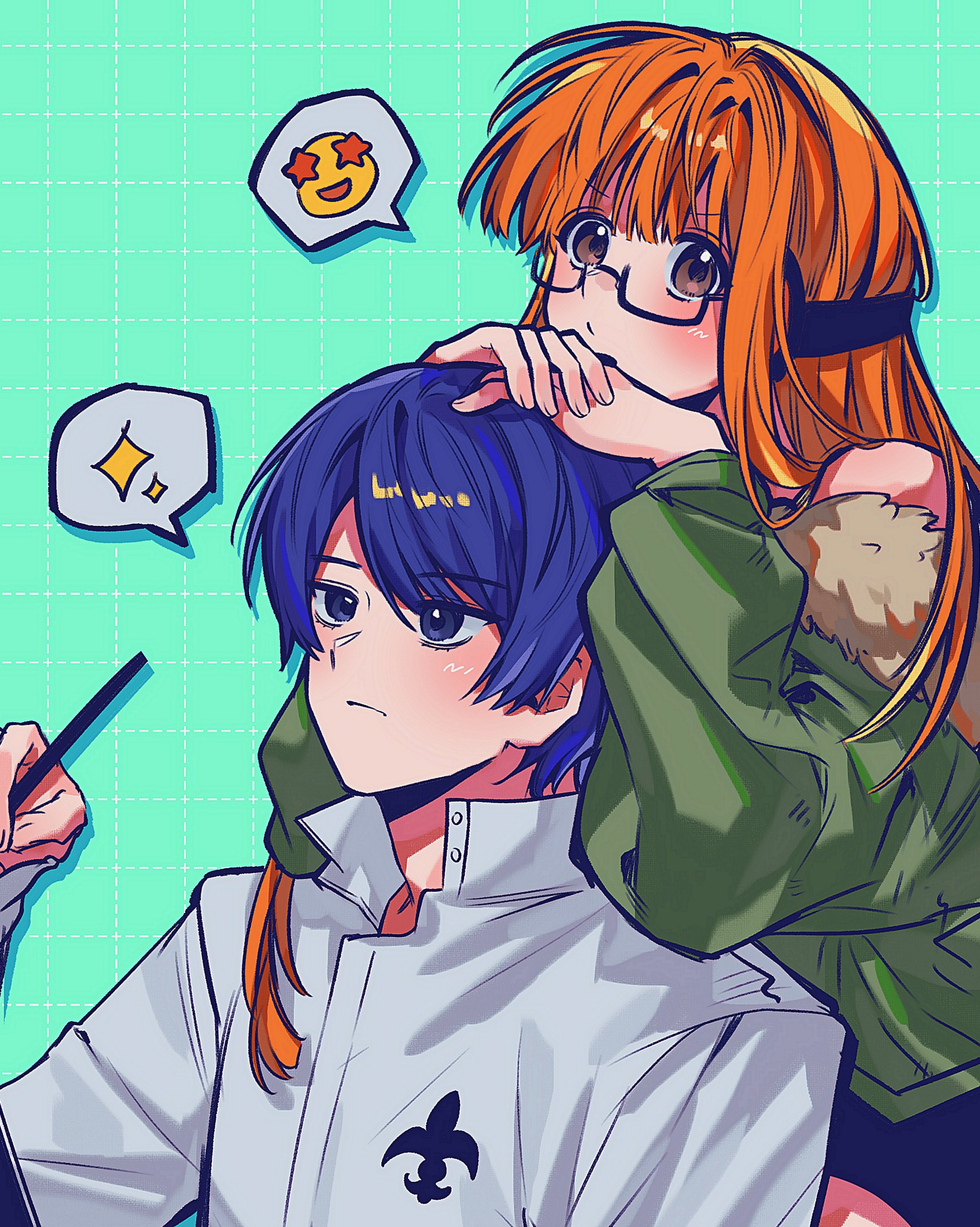 kitagawa yuusuke, sakura futaba, persona, persona 5, commentary request, highres, korean commentary, 1boy, 1girl, aqua background, behind-the-head headphones, black-framed eyewear, black shorts, blue eyes, blue hair, blunt bangs, blush, brown eyes, closed mouth, cowboy shot, ddunnaaaaa, dress shirt, fur-trimmed jacket, fur trim, glasses, green jacket, grid background, hand up, hands on another's head, headphones, holding, jacket, jacket partially removed, kosei high school uniform, long hair, looking ahead, orange hair, portrait, school uniform, semi-rimless eyewear, shirt, short hair, shorts, spoken emoji, spoken sparkle, under-rim eyewear, white shirt