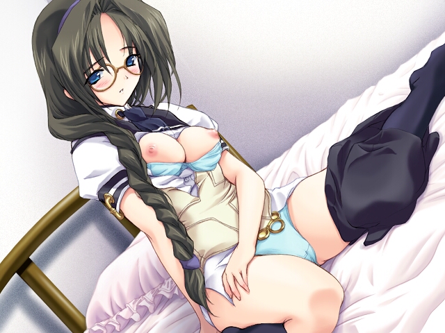 hibiki sanae (daibanchou), alice soft, dai (series), daibanchou, game cg, 1girl, bed, blue eyes, blush, bra, braid, breasts, female focus, glasses, lingerie, long hair, panties, pillow, school uniform, solo, underwear