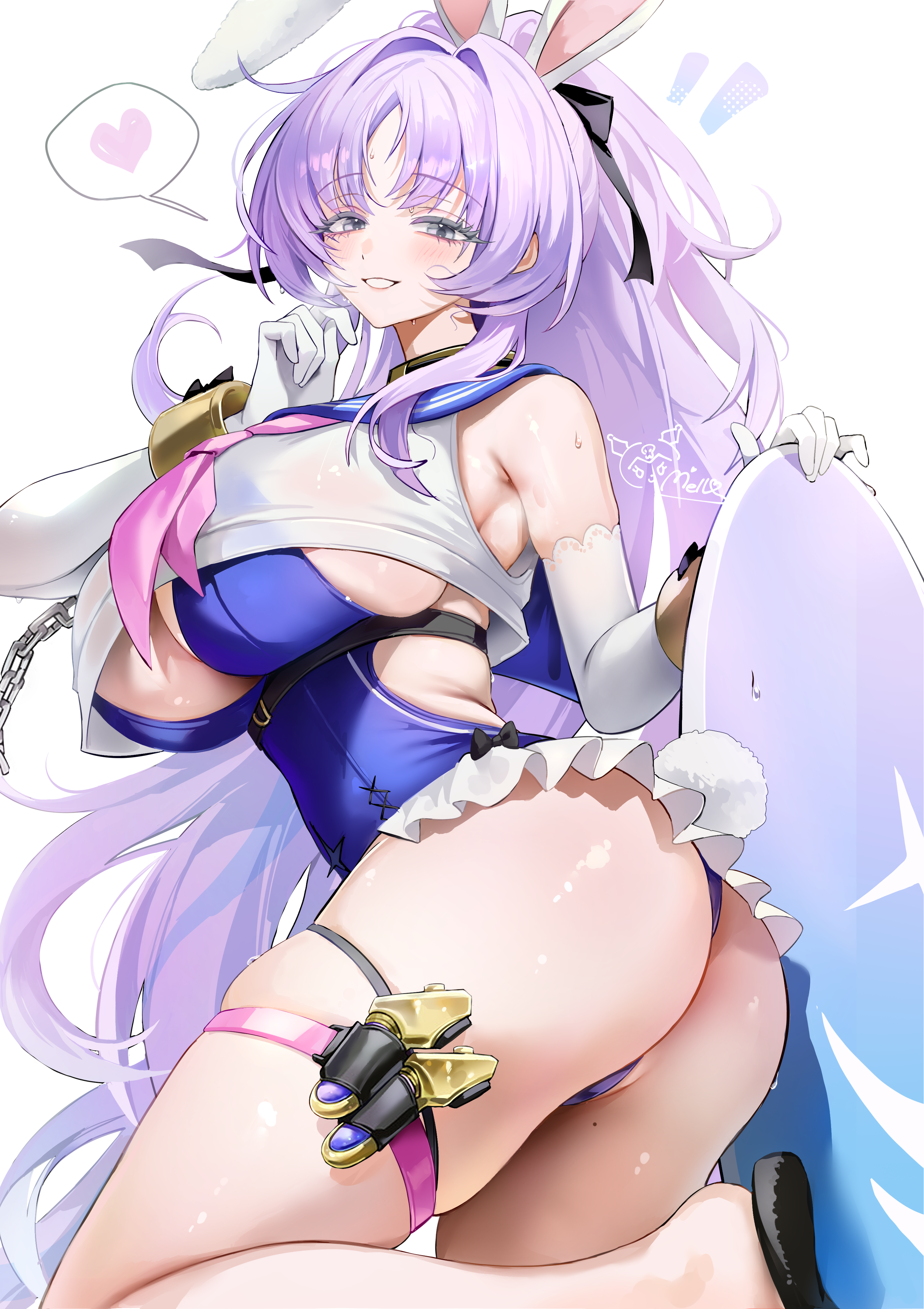 mell (dmwe3537), shia (stella sora), stella sora, absurdres, commentary request, highres, 1girl, animal ears, ass, bare shoulders, blush, breasts, chain, elbow gloves, fake animal ears, gloves, grey eyes, grin, hair ribbon, heart, holding, holster, large breasts, long hair, looking at viewer, mole, mole on thigh, neckerchief, pink neckerchief, ponytail, purple hair, rabbit ears, rabbit tail, ribbon, sailor collar, sandals, sideboob, simple background, skindentation, smile, solo, speech bubble, spoken heart, steam, sweat, tail, thigh strap, thighs, very long hair, white background, white gloves