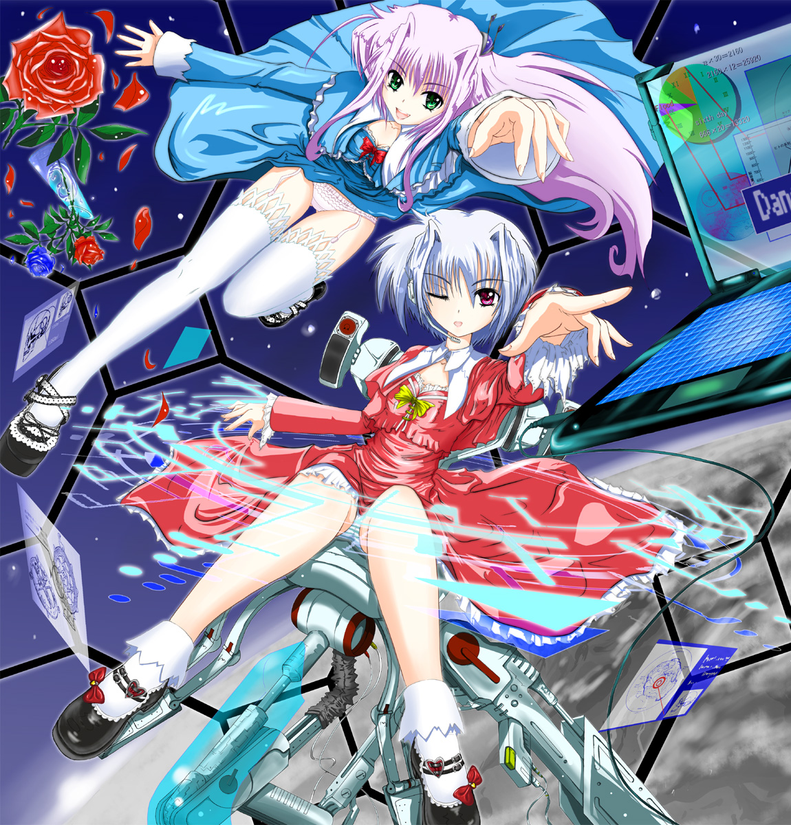 kado, silver hair, bad id, bad pixiv id, character request, highres, source request, computer, computer keyboard, flower, garter belt, green eyes, laptop, long hair, mary janes, panties, purple hair, red eyes, rose, shoes, short hair, thighhighs, underwear, wink