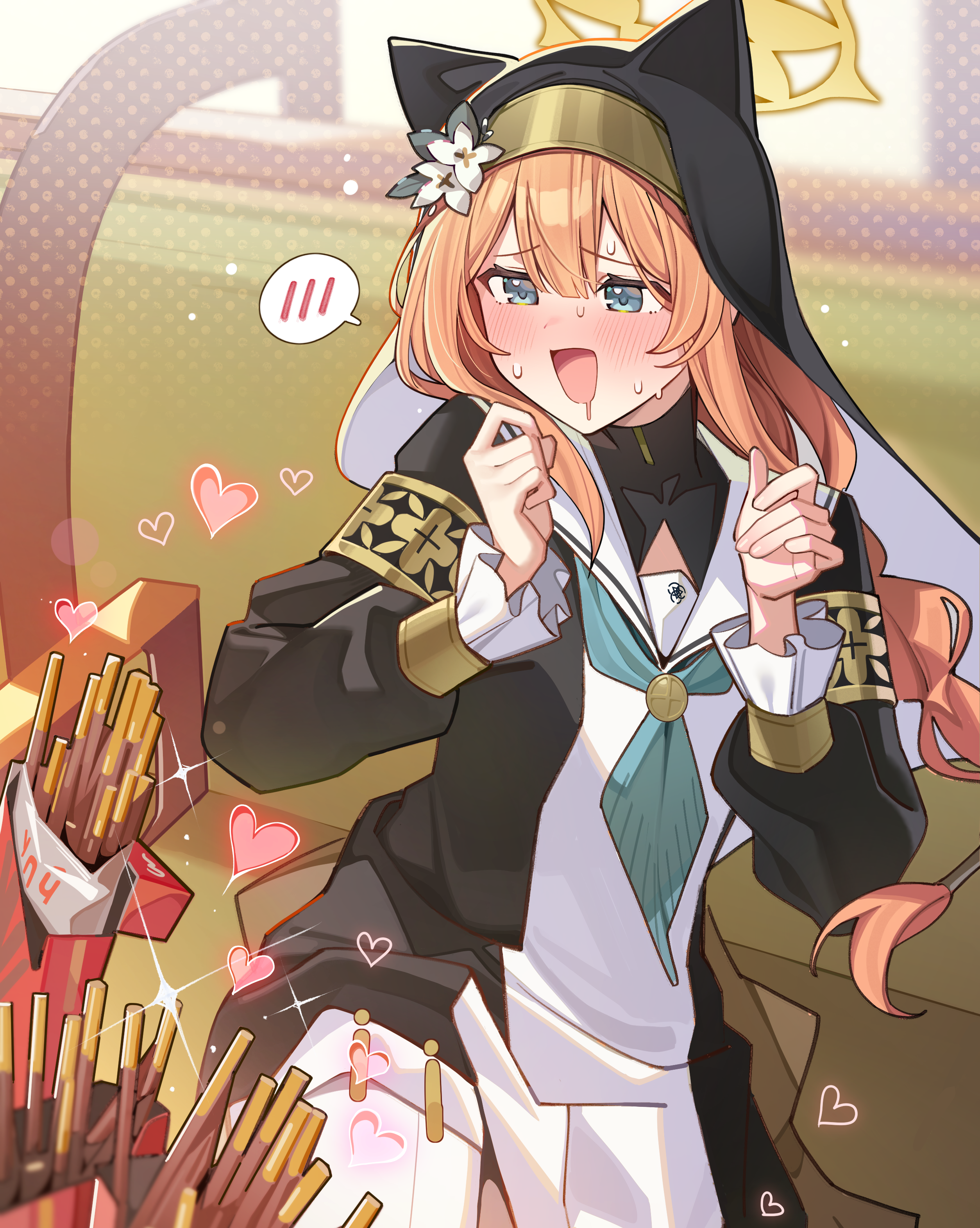 muo (muojjang 0929), mari (blue archive), blue archive, absurdres, commentary request, highres, 1girl, animal ears, aqua eyes, aqua neckerchief, black coat, black veil, blush, cat ears, cat girl, coat, dress, drooling, ears under headwear, food, hair between eyes, heart, long hair, mouth drool, neckerchief, nose blush, nun, open clothes, open coat, open mouth, orange hair, pocky, sailor collar, smile, spoken blush, spoken heart, veil, white dress, white sailor collar