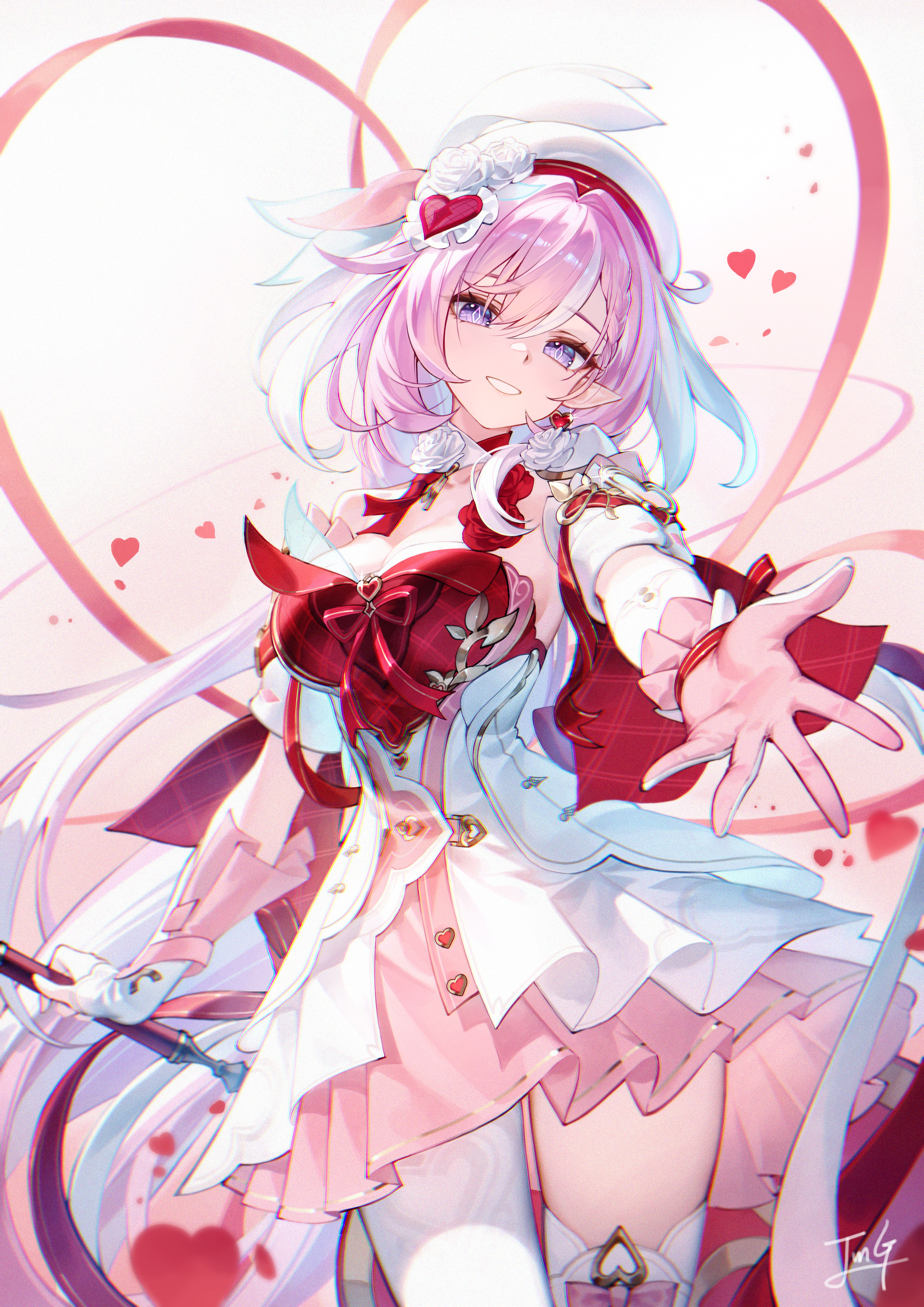 baek hyang, elysia (hi love elf) (honkai impact), elysia (honkai impact), honkai (series), honkai impact 3rd, absurdres, commentary request, highres, 1girl, asymmetrical gloves, braid, braided bangs, breasts, cleavage, cowboy shot, diamond-shaped pupils, diamond (shape), dress, earrings, gloves, hair intakes, hair ornament, hat, heart, heart earrings, heart hair ornament, jewelry, large breasts, long hair, looking at viewer, mismatched gloves, offering hand, outstretched arm, pantyhose, parted lips, pink hair, pointy ears, purple eyes, signature, single leg pantyhose, single thighhigh, smile, solo, symbol-shaped pupils, thighhighs, thighs, very long hair, white dress, white hat, white pantyhose