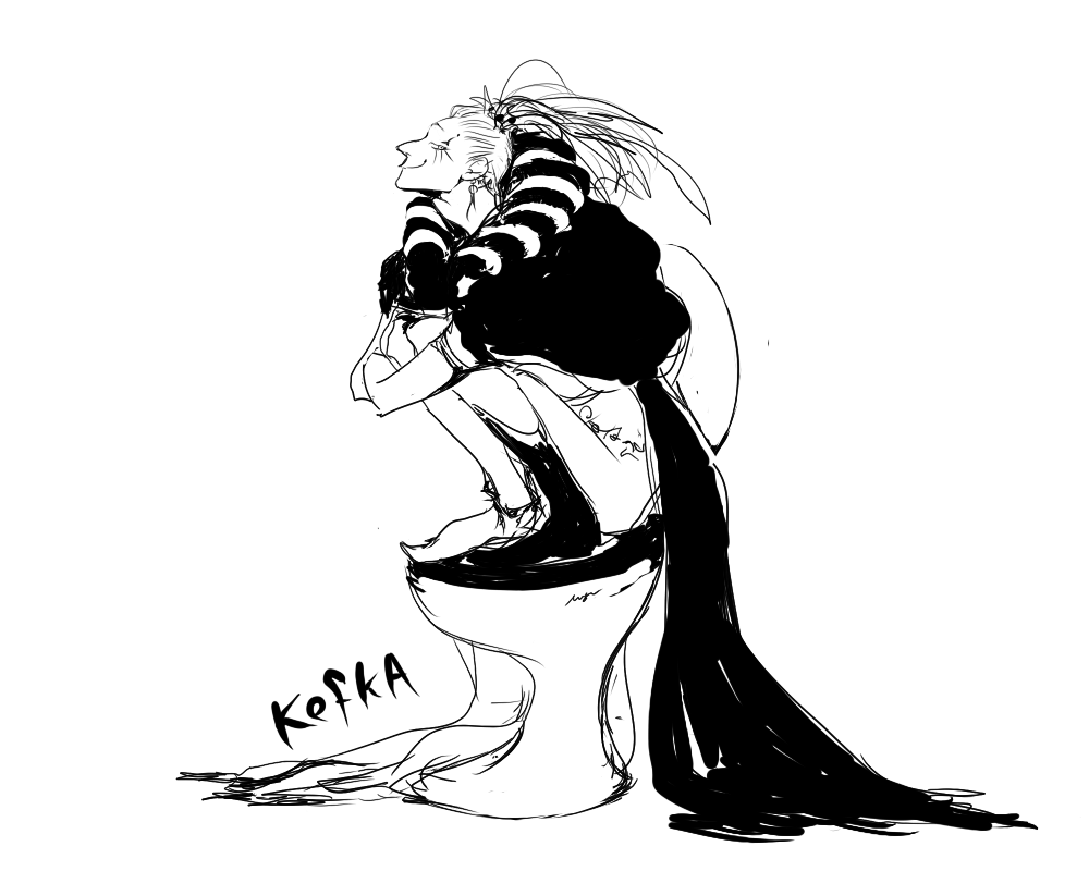 cefca palazzo, final fantasy, final fantasy vi, 1990s (style), cape, clown, greyscale, male focus, monochrome, retro artstyle, smile, solo, toilet