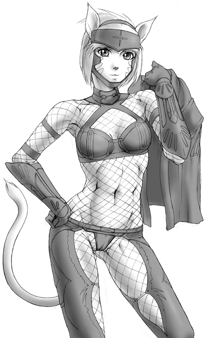 doku sasori, mithra (ff11), final fantasy, final fantasy xi, bad id, bad pixiv id, 00s, 1girl, abs, animal ears, armor, bodystocking, breasts, cameltoe, cat ears, cat girl, cat tail, female focus, fishnet bodystocking, fishnets, gauntlets, gloves, greyscale, headband, monochrome, muscular, short hair, solo, tail, tattoo, white background