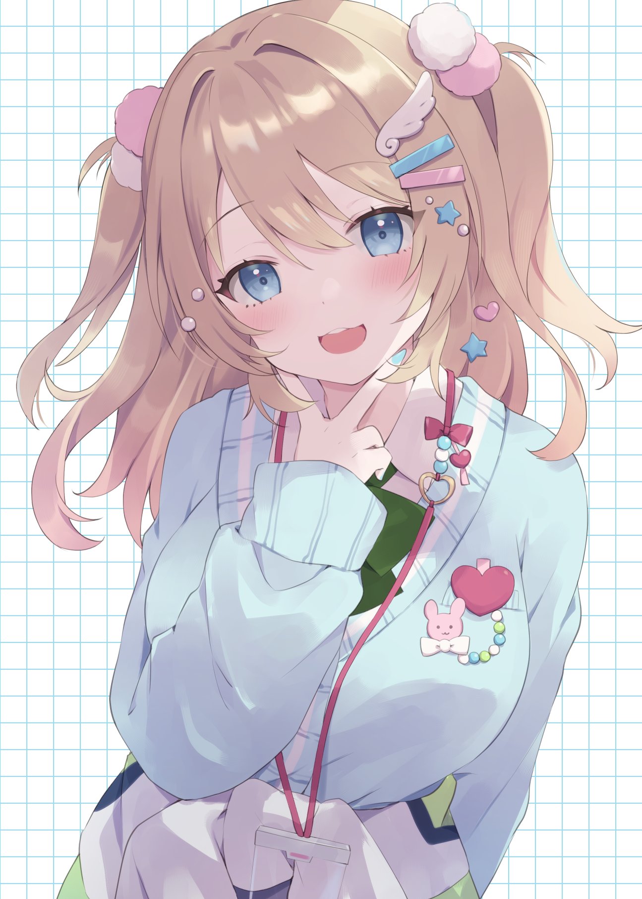 loveyuzu, flute melville, muv-luv, muv-luv girls garden, highres, 1girl, :3, aqua cardigan, aqua nails, blonde hair, blue eyes, bow, bowtie, breasts, cardigan, clothes around waist, feather hair ornament, feathers, green bow, green bowtie, hair ornament, heart, heart hair ornament, jacket, jacket around waist, lanyard, large breasts, long hair, looking at viewer, open mouth, pom pom (clothes), pom pom hair ornament, shirt, solo, star (symbol), star hair ornament, teeth, two side up, upper body, upper teeth only, v, white shirt