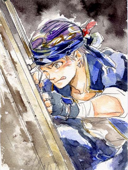 locke cole, final fantasy, final fantasy vi, 1990s (style), 1boy, bandana, fingerless gloves, gloves, jacket, male focus, one eye closed, solo, tongue, wink