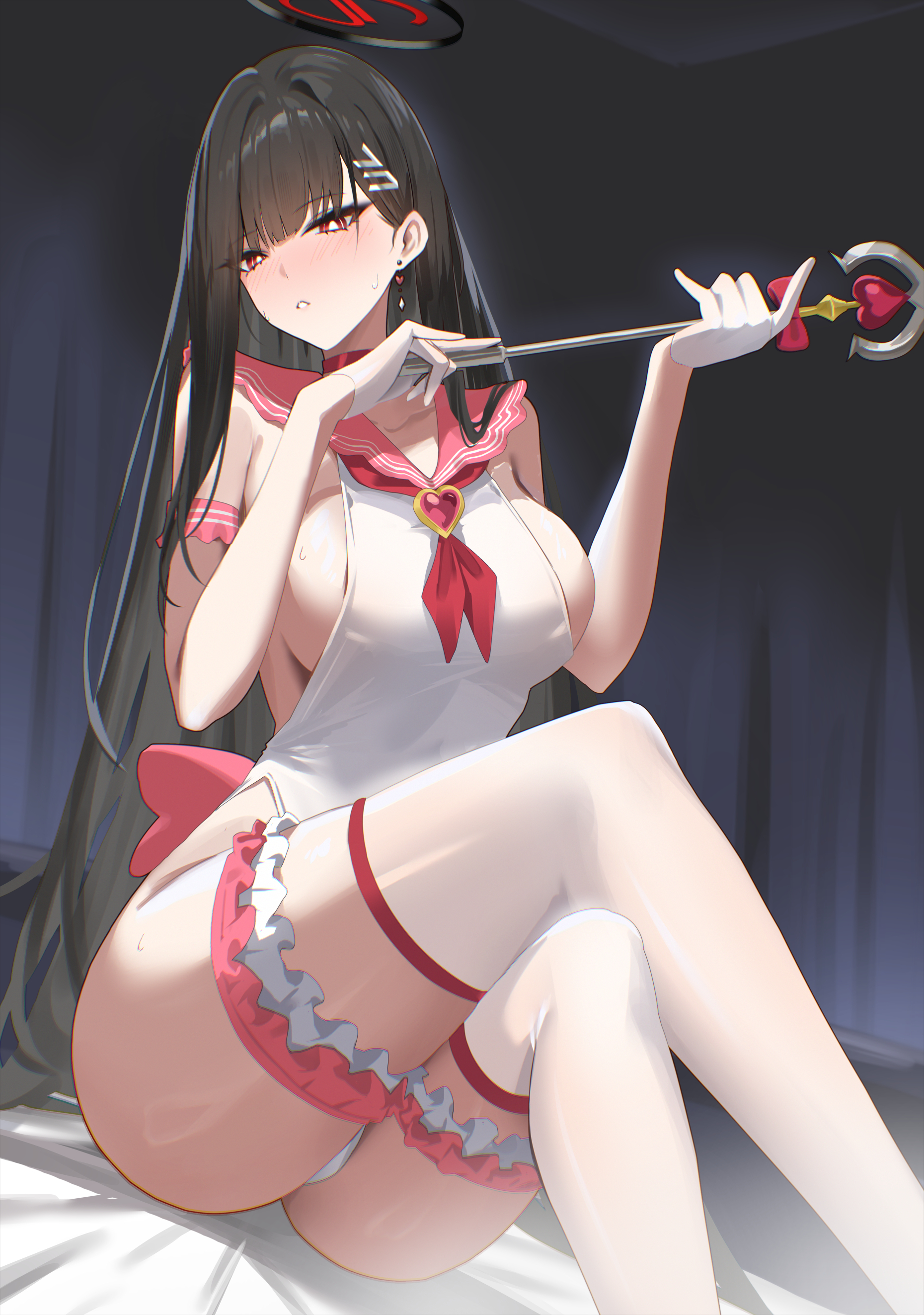 kakumayu, rio (blue archive), blue archive, absurdres, highres, 1girl, alternate costume, black hair, blush, breasts, crossed legs, frilled thigh strap, gloves, halo, holding, holding staff, large breasts, leotard, long hair, looking at viewer, neckerchief, parted lips, pink sailor collar, red eyes, red halo, red neckerchief, sailor collar, sideboob, solo, staff, thigh strap, thighhighs, white gloves, white leotard, white thighhighs