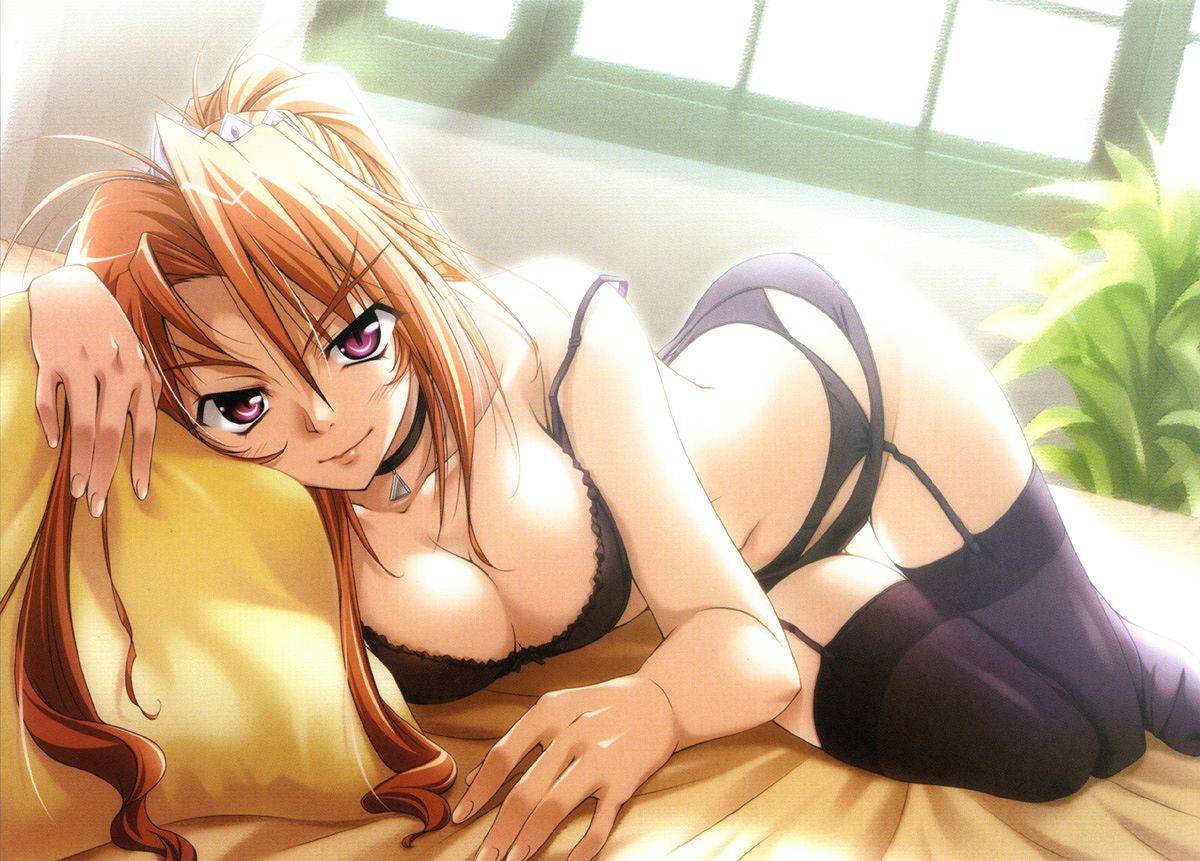 takeya masami, angela victoire blendin, princess waltz, scan, scan artifacts, 1girl, bed, black bra, black panties, black thighhighs, blush, bra, breasts, choker, cleavage, dutch angle, female focus, forked eyebrows, garter belt, garter straps, lingerie, long hair, looking at viewer, lying, morning, naughty face, on side, orange hair, panties, pillow, pink eyes, plant, ponytail, red eyes, smile, solo, strap slip, thigh gap, thighhighs, thighs, tiara, underwear, underwear only, window