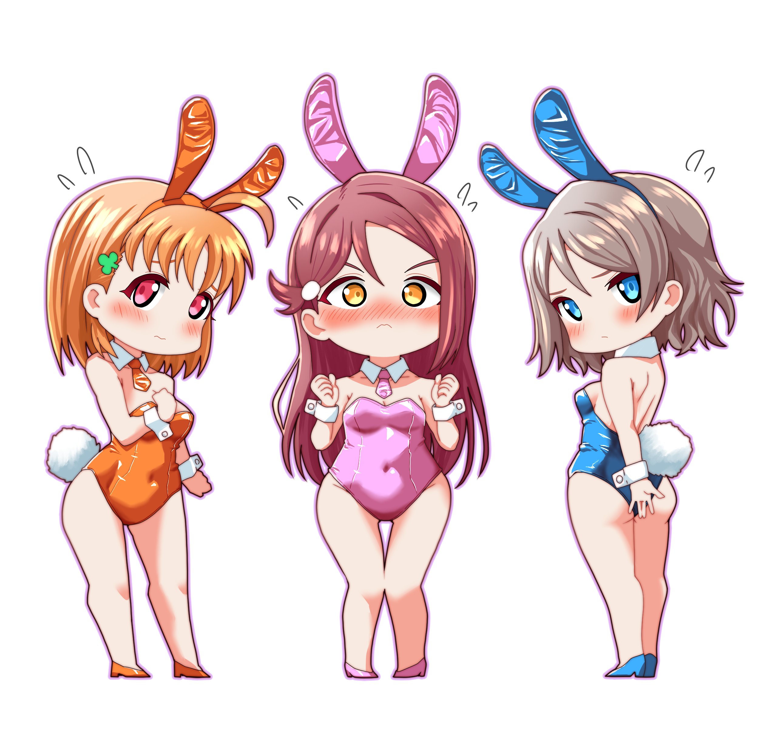 chokkakudo, sakurauchi riko, takami chika, watanabe you, love live!, love live! sunshine!!, absurdres, commentary request, highres, 3girls, ahoge, animal ear hairband, animal ears, ass, backless leotard, blue eyes, blue hairband, blue leotard, blue shoes, blush, breasts, cleavage, clenched hands, clover hair ornament, covered navel, deformed, detached collar, embarrassed, fake animal ears, fake tail, flying sweatdrops, full body, grey hair, hair ornament, hairband, high heels, leotard, long hair, looking at viewer, medium breasts, multiple girls, necktie, nose blush, orange eyes, orange hair, orange hairband, orange leotard, orange necktie, orange shoes, pink hairband, pink leotard, pink necktie, pink shoes, rabbit ear hairband, rabbit ears, rabbit tail, red eyes, red hair, shoes, simple background, strapless, strapless leotard, tail, v-shaped eyebrows, white background, white wrist cuffs, wrist cuffs