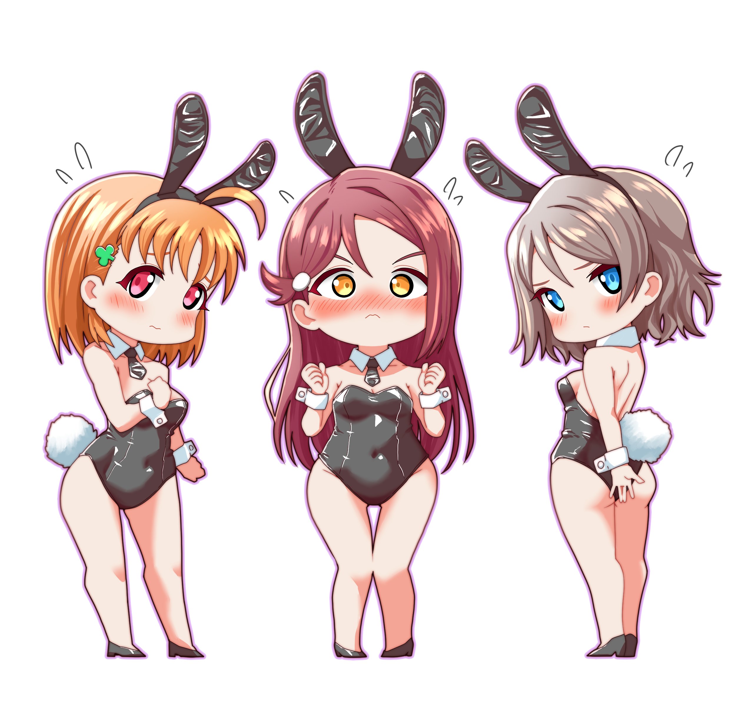 chokkakudo, sakurauchi riko, takami chika, watanabe you, love live!, love live! sunshine!!, absurdres, commentary request, highres, 3girls, ahoge, animal ear hairband, animal ears, ass, backless leotard, black hairband, black leotard, black necktie, black shoes, blue eyes, blush, breasts, cleavage, clenched hands, clover hair ornament, covered navel, deformed, detached collar, embarrassed, fake animal ears, fake tail, flying sweatdrops, full body, grey hair, hair ornament, hairband, high heels, leotard, long hair, looking at viewer, medium breasts, multiple girls, necktie, nose blush, orange eyes, orange hair, rabbit ear hairband, rabbit ears, rabbit tail, red eyes, red hair, shoes, simple background, strapless, strapless leotard, tail, v-shaped eyebrows, white background, white wrist cuffs, wrist cuffs
