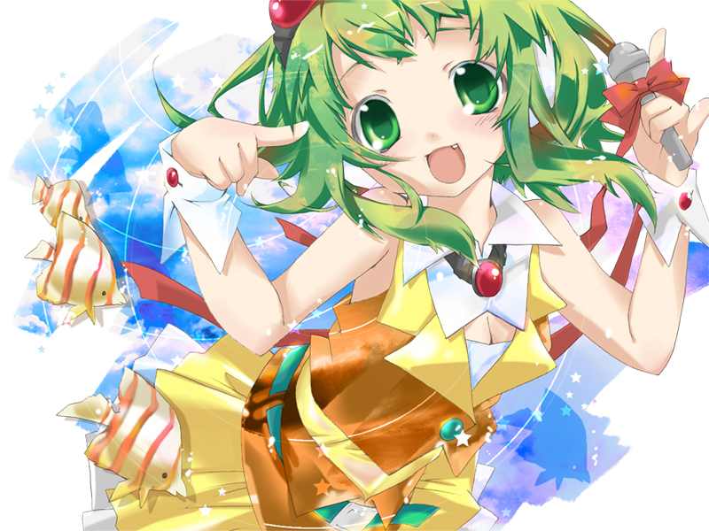 hekicha, gumi, vocaloid, 1girl, bow, breasts, child, cleavage, cuffs, fang, female focus, fish, green eyes, green hair, matching hair/eyes, microphone, ribbon, solo, wrist cuffs