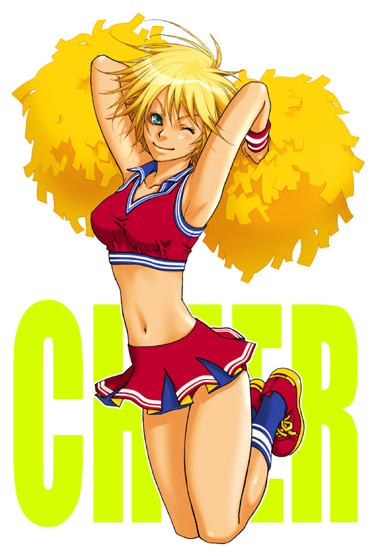 tachibana chata, 1girl, armpits, blonde hair, blue eyes, breasts, cheerleader, female focus, large breasts, midriff, navel, one eye closed, pom pom (cheerleading), shoes, short hair, skirt, sneakers, socks, solo, tank top, wink