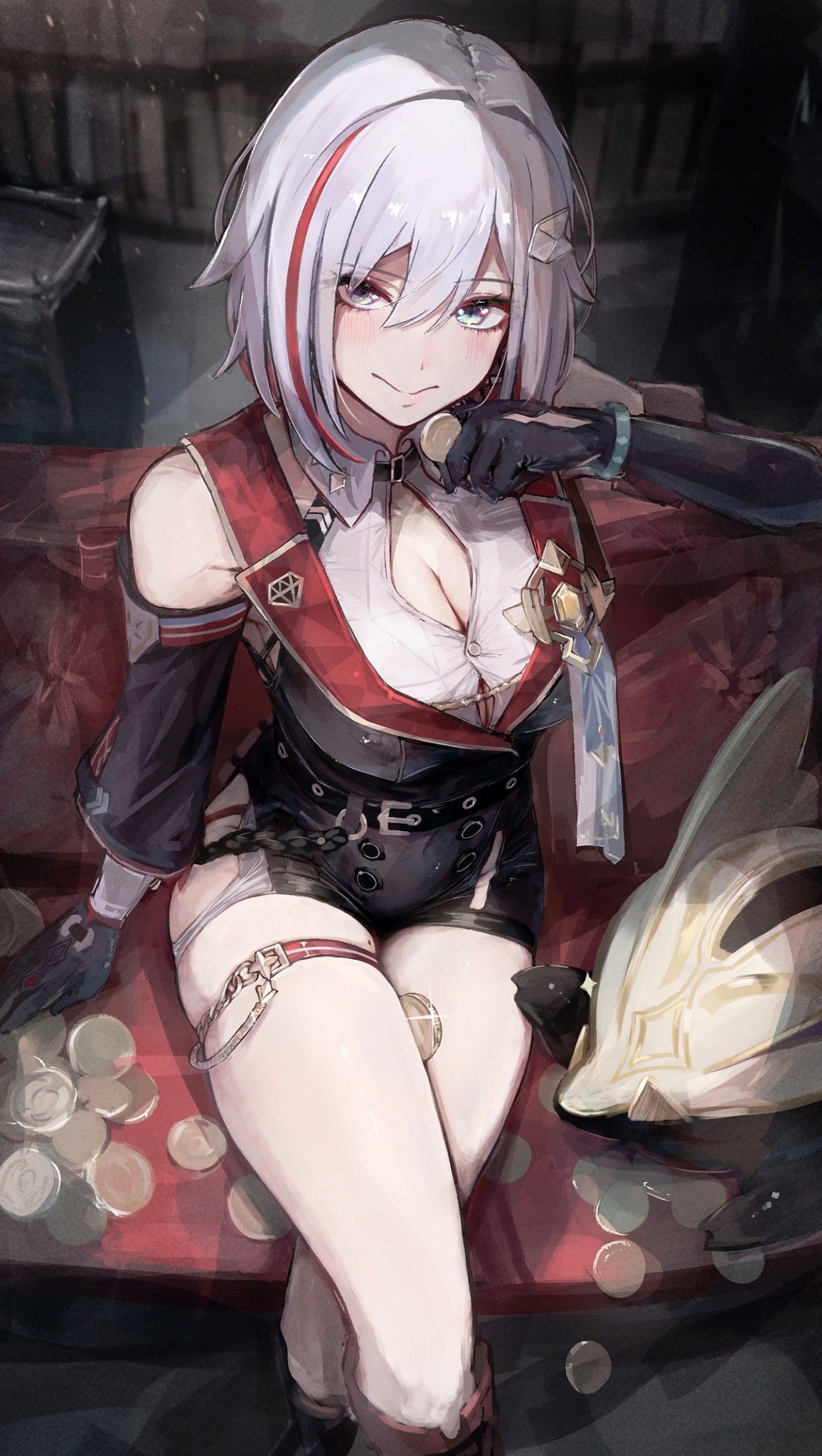 sanshoku dango (shukosuko), numby (honkai: star rail), topaz (honkai: star rail), trotter (honkai: star rail), honkai: star rail, honkai (series), highres, 1girl, bare shoulders, black gloves, black shorts, blue eyes, breasts, cleavage, coin, colored inner hair, crossed legs, gloves, grey hair, hair between eyes, hair ornament, holding, holding coin, large breasts, looking at viewer, multicolored hair, red hair, shirt, short hair, shorts, sitting, smile, streaked hair, thigh strap, thighs