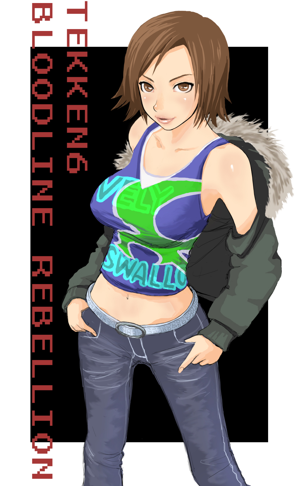 hawk (artist), hawk (cwmg), kazama asuka, tekken, highres, 1girl, bare shoulders, belt, breasts, brown eyes, brown hair, casual, copyright name, denim, jacket, jeans, large breasts, lips, lipstick, makeup, midriff, navel, pants, short hair, tank top