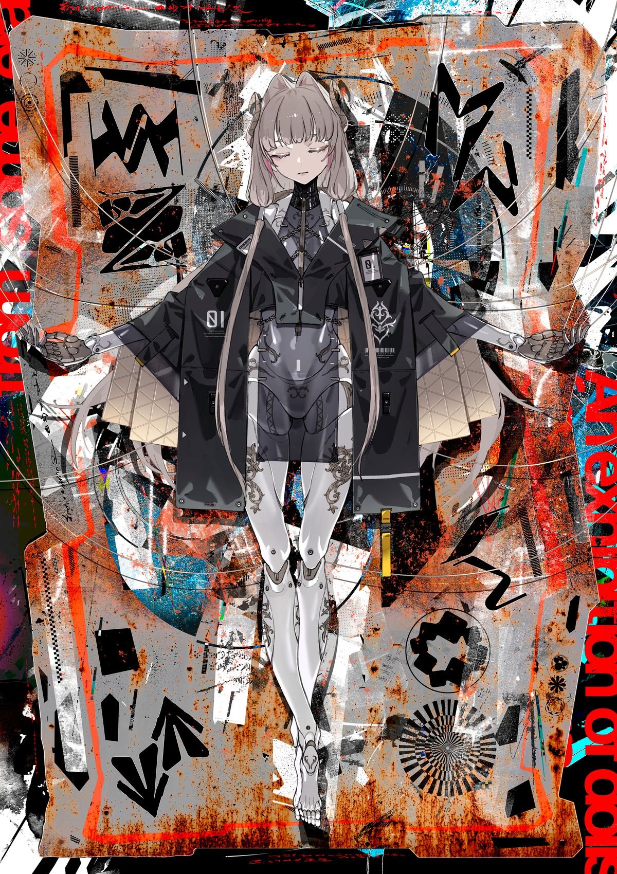 neco, original, highres, 1girl, android, closed eyes, closed mouth, grey hair, hair intakes, long hair, mechanical arms, mechanical legs, pigeon-toed, see-through clothes, solo
