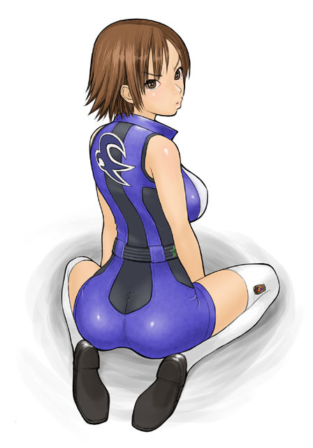 hawk (artist), hawk (cwmg), kazama asuka, tekken, ass, back, belt, brown eyes, brown hair, from behind, kneehighs, kneeling, loafers, romper, shoes, short hair, socks, solo, squatting, thighhighs, white socks