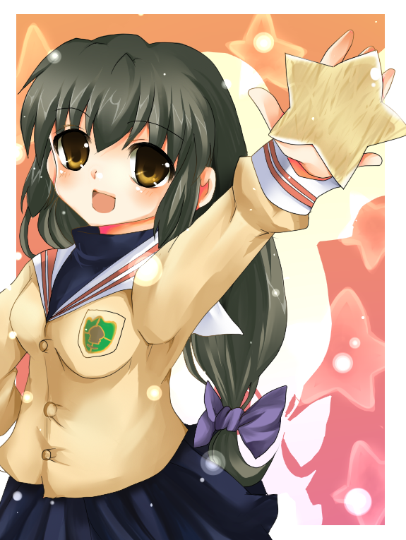 dango (airdanngo), ibuki fuuko, clannad, bad id, bad pixiv id, 00s, 1girl, bad anatomy, black hair, brown eyes, female focus, long hair, poorly drawn, school uniform, solo, starfish