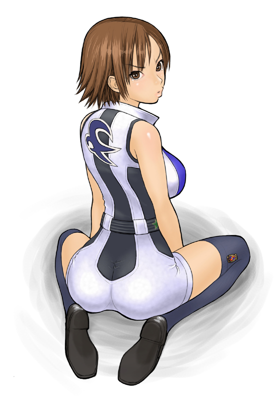 hawk (artist), hawk (cwmg), kazama asuka, tekken, 1girl, ass, back, belt, brown eyes, brown hair, female focus, from above, from behind, kneehighs, kneeling, lips, loafers, looking at viewer, looking back, pout, puckered lips, romper, shoes, short hair, sitting, socks, solo, squatting, thighhighs