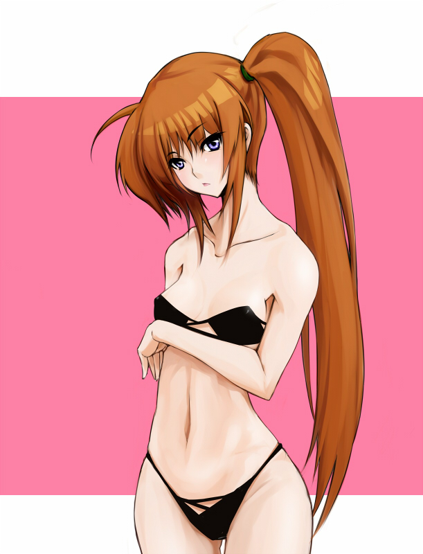 xunipo, takamachi nanoha, lyrical nanoha, mahou shoujo lyrical nanoha, mahou shoujo lyrical nanoha strikers, 00s, bikini, black bikini, blue eyes, brown hair, long hair, side ponytail, solo, swimsuit