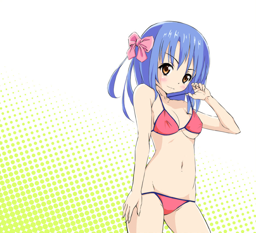 yunii, adjusting clothes, adjusting swimsuit, bikini, blue hair, brown eyes, lowleg, red bikini, short hair, solo, swimsuit