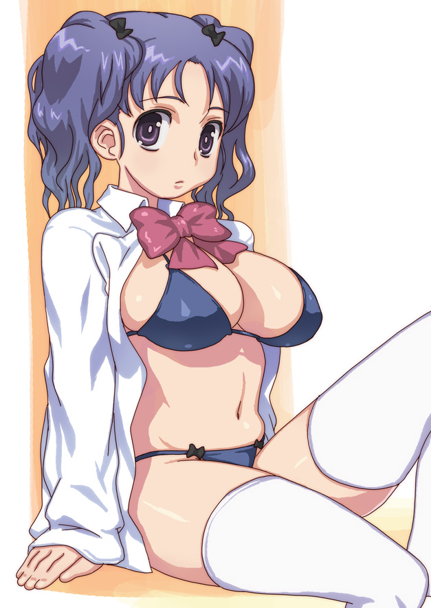 hirose (mokiki), original, 1girl, arm support, bikini, black bikini, blue hair, bow, breasts, female focus, large breasts, long hair, navel, open clothes, open shirt, purple eyes, shirt, sitting, solo, swimsuit, thighhighs, twintails, white thighhighs