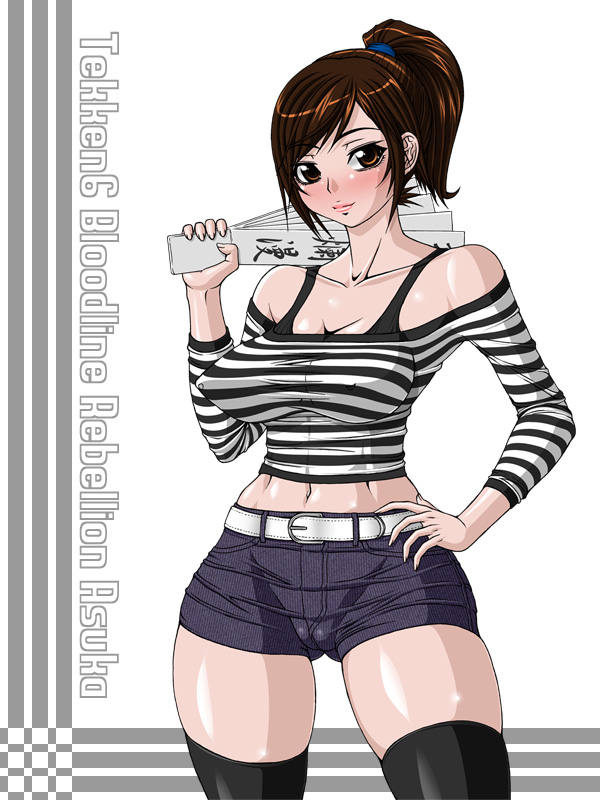 kazama asuka, tekken, 1girl, bad anatomy, bare shoulders, belt, black thighhighs, blouse, blush, breasts, brown eyes, brown hair, cleavage, covered erect nipples, curvy, denim, denim shorts, female focus, hand fan, large breasts, lipstick, makeup, navel, ponytail, poorly drawn, shirt, shorts, solo, thighhighs, wide hips