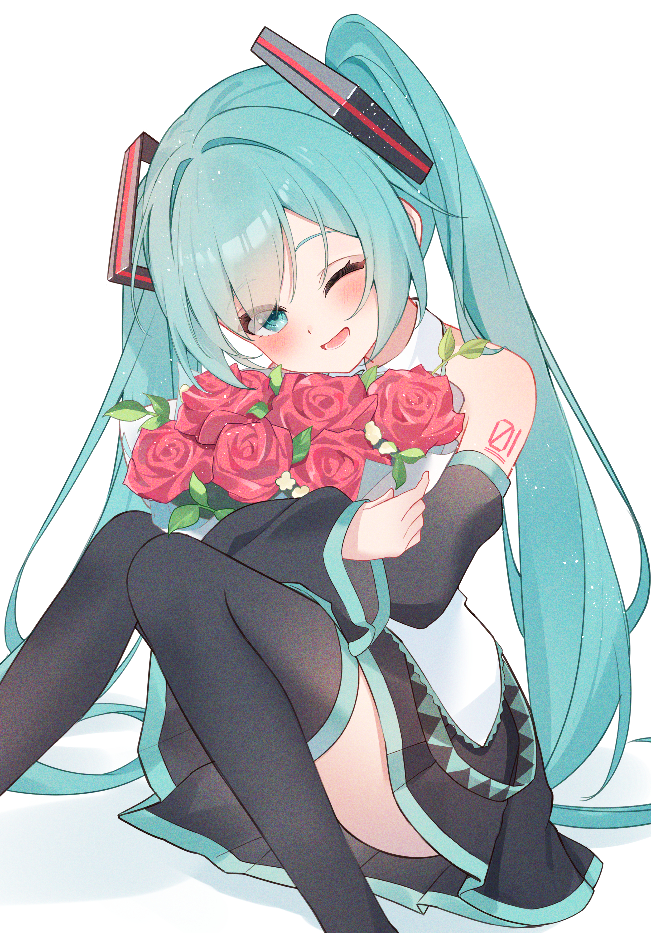 ryaru ryaru, hatsune miku, vocaloid, absurdres, highres, 1girl, aqua eyes, aqua hair, aqua nails, aqua necktie, bare shoulders, black sleeves, blue eyes, blue hair, blush, breasts, detached sleeves, flower, grey shirt, hair between eyes, hair ornament, headphones, headset, holding, long hair, looking at viewer, necktie, number tattoo, open mouth, shirt, simple background, skirt, sleeveless, sleeveless shirt, smile, solo, tattoo, thighhighs, twintails, very long hair