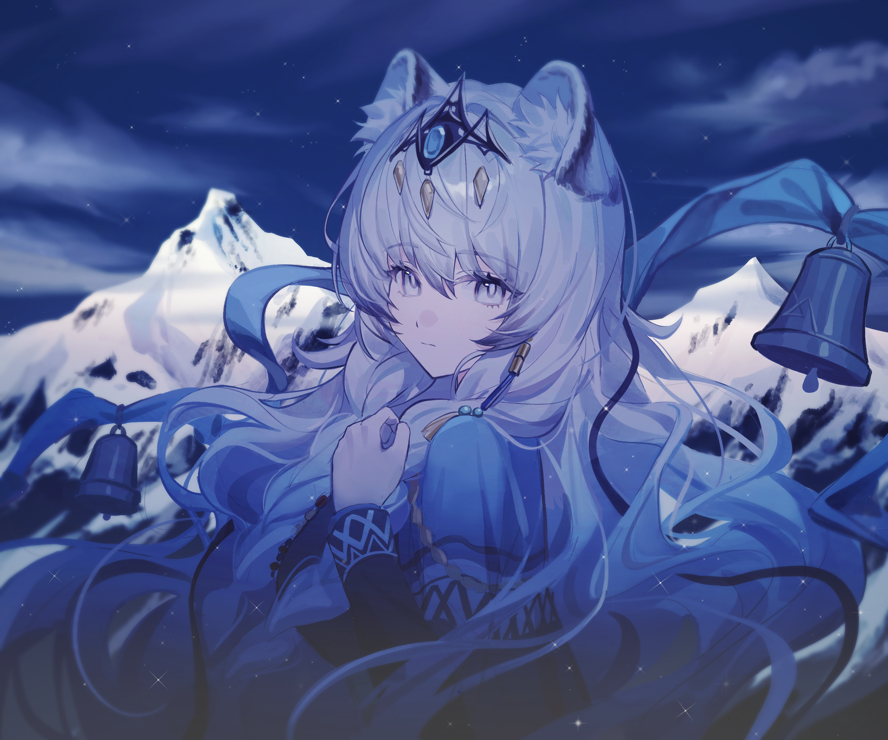 xianyusixu, pramanix (arknights), arknights, absurdres, highres, 1girl, animal ear fluff, animal ears, black shirt, blue capelet, breasts, capelet, closed mouth, hair between eyes, large breasts, long hair, looking at viewer, mountain, shirt, solo, tiara, white eyes, white hair