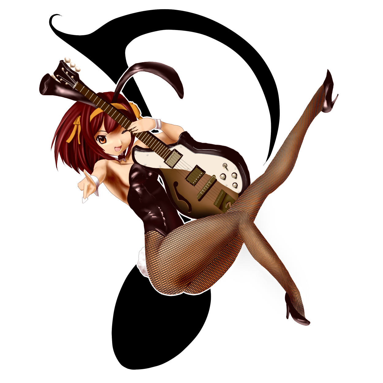 torikura, suzumiya haruhi, suzumiya haruhi no yuuutsu, derivative work, highres, 00s, animal ears, brown eyes, brown hair, fake animal ears, fishnet pantyhose, fishnets, guitar, high heels, instrument, musical note, one eye closed, pantyhose, playboy bunny, rabbit ears, shoes, short hair, solo, wink