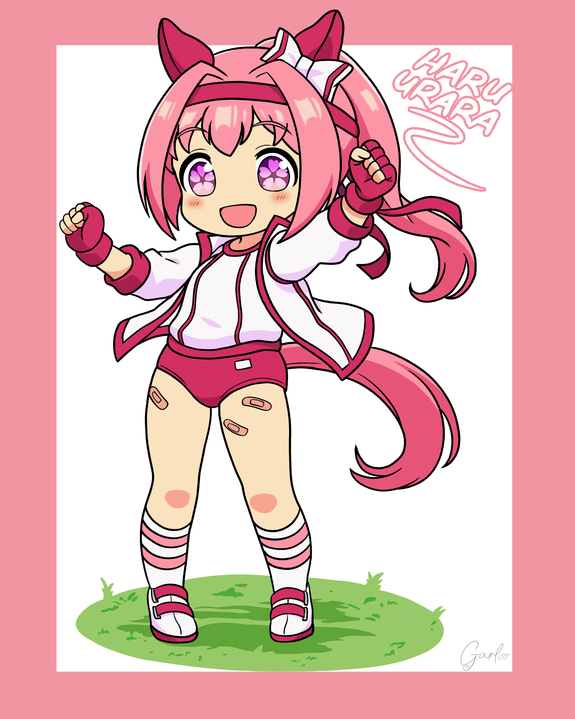 garloo, haru urara (bestest prize) (umamusume), haru urara (umamusume), umamusume, absurdres, highres, animal ears, bandaid, bandaid on leg, bow, buruma, ear bow, ear covers, flower-shaped pupils, flower in eye, gloves, gym uniform, headband, horse ears, horse girl, horse tail, pink buruma, pink headband, red buruma, red gloves, red headband, socks, striped clothes, striped socks, symbol-shaped pupils, symbol in eye, tail