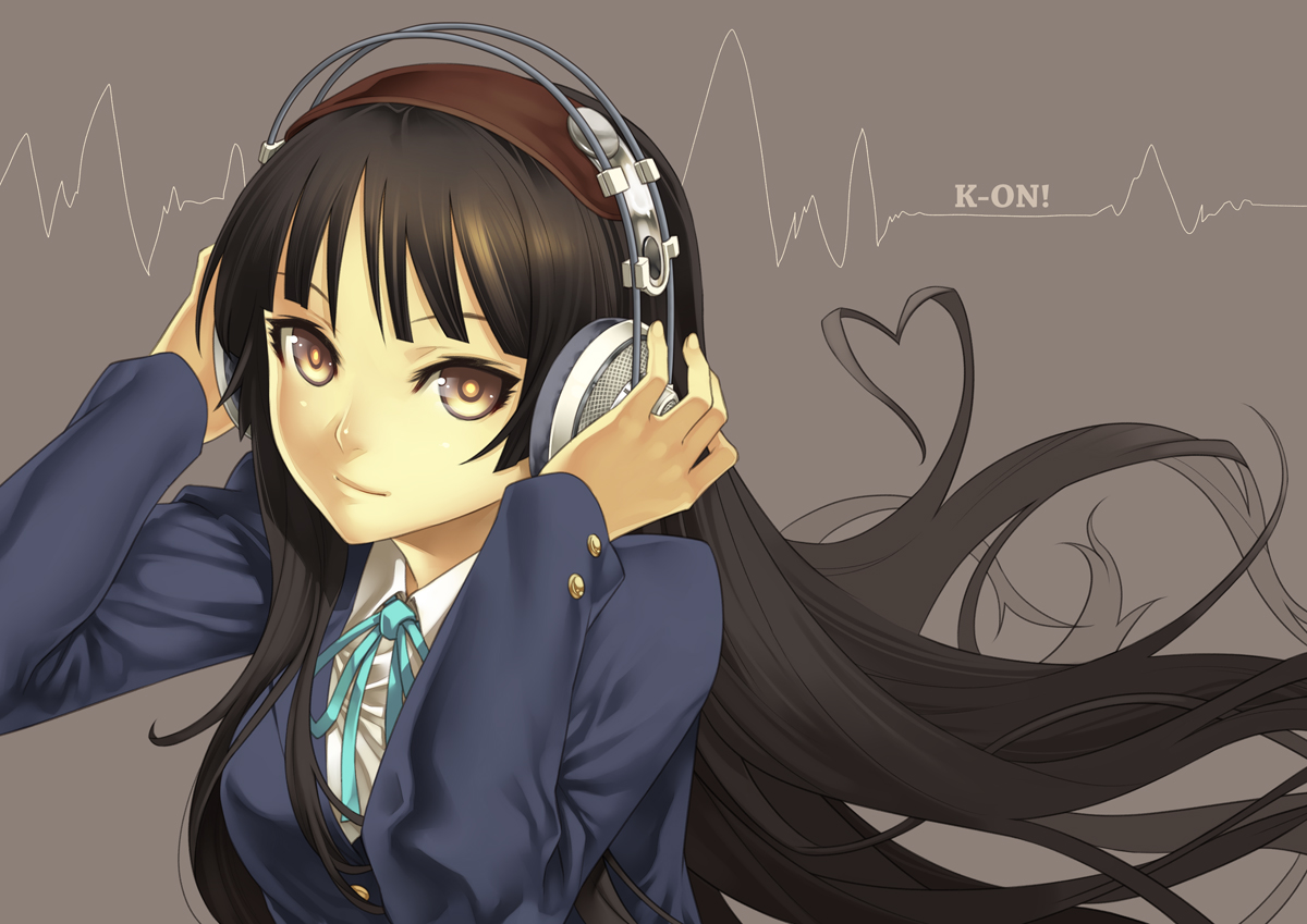 kunieda, akiyama mio, akg, k-on!, 00s, 1girl, akg k-series headphones, black hair, blazer, brown eyes, copyright name, female focus, hands on headphones, headphones, heart, jacket, long hair, looking at viewer, school uniform, simple background, solo, tsurime