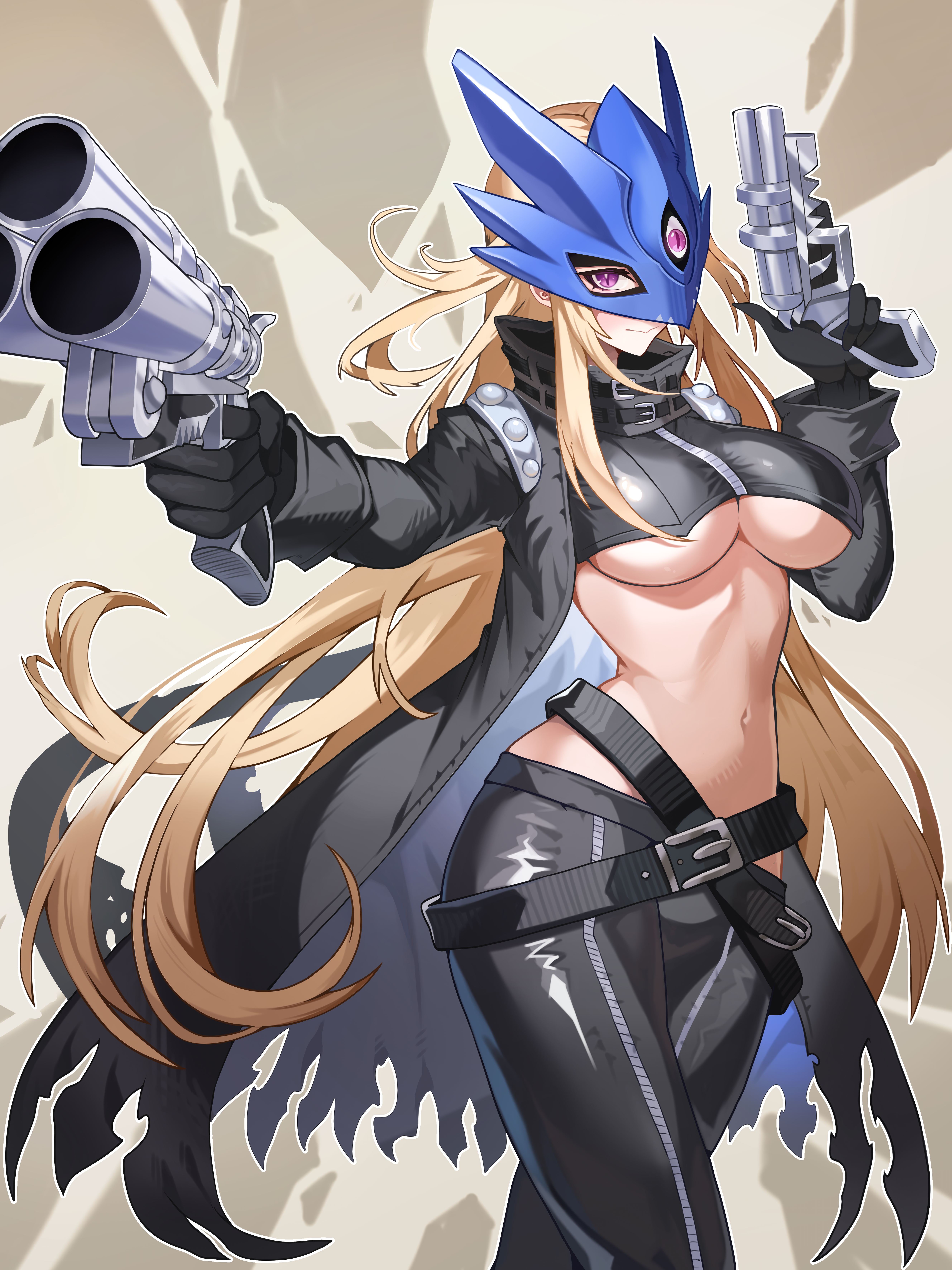 currynoodle art, beelstarmon, digimon, absurdres, clip studio paint (medium), commentary request, highres, 1girl, aiming, belt, black belt, black coat, black gloves, black pants, black vest, blonde hair, blue mask, breasts, closed mouth, coat, cowboy shot, cropped vest, digimon (creature), dual wielding, eye mask, gloves, gun, holding, holding weapon, large breasts, leather, leather pants, long hair, looking at viewer, mask, multiple-barrel gun, navel, open clothes, open coat, pants, purple eyes, sidelocks, simple background, solo, stomach, third eye, tight clothes, tight pants, trigger discipline, underboob, very long hair, vest, weapon, zipper