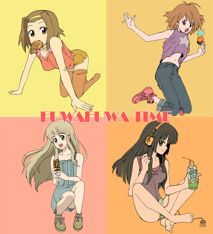 kikumaru bunta, akiyama mio, hirasawa yui, kotobuki tsumugi, tainaka ritsu, k-on!, 00s, 4girls, all fours, barefoot, black eyes, blonde hair, blue eyes, bottle, brown eyes, brown hair, can, casual, crossed legs, denim, digital media player, feet, food, headphones, ho-kago tea time, ice cream, indian style, ipod, jeans, long hair, multiple girls, pants, shoes, short hair, sitting, sneakers, taiyaki, thighhighs, wagashi