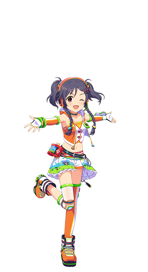 miyoshi sana, idolmaster, idolmaster cinderella girls, idolmaster cinderella girls starlight stage, official art, 1girl, belt, braid, fingerless gloves, full body, gloves, headphones, idol clothes, low twin braids, navel, one eye closed, open mouth, purple hair, red eyes, short shorts, shorts, single thighhigh, solo, thighhighs, transparent background, twin braids, twintails