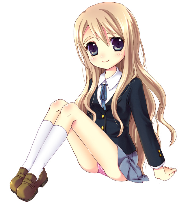 haruno ichigo, kotobuki tsumugi, k-on!, bad id, bad pixiv id, 00s, 1girl, bad anatomy, bad proportions, blonde hair, blue eyes, female focus, kneehighs, long hair, panties, pantyshot, polka dot, polka dot panties, poorly drawn, school uniform, sitting, socks, solo, underwear, white socks