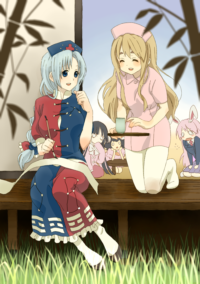 keino (midorinoko), midorinoko, houraisan kaguya, inaba tewi, kotobuki tsumugi, reisen udongein inaba, yagokoro eirin, k-on!, touhou, bad id, bad pixiv id, 00s, 5girls, blonde hair, blue eyes, blue hair, braid, calligraphy brush, closed eyes, crossover, cup, grass, kneeling, long hair, mug, multiple girls, nurse, paintbrush, pantyhose, scroll, socks, trigram, white pantyhose