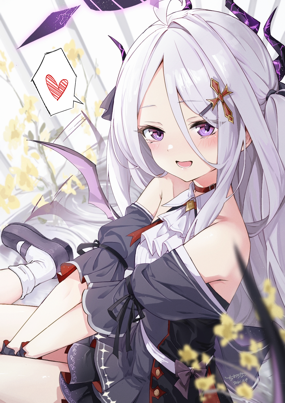 chousetsu (chongvon), hina (blue archive), blue archive, commentary request, highres, 1girl, ahoge, black halo, black skirt, blush, breasts, demon girl, demon horns, demon wings, halo, heart, horns, long hair, low wings, open mouth, purple eyes, sitting, skirt, small breasts, solo, very long hair, white hair, wings