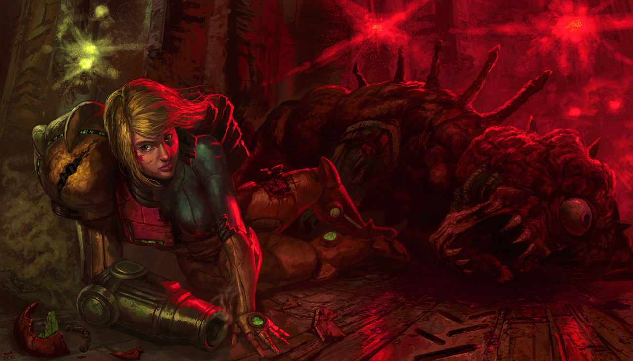 samuel deats, mother brain, samus aran, metroid, nintendo, arm cannon, blonde hair, blood, damaged, green eyes, lying, power suit (metroid), varia suit, weapon, zero suit