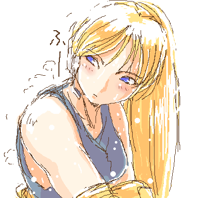 samus aran, metroid, nintendo, artist request, lowres, 1girl, blonde hair, blue eyes, blue shirt, blush, breasts, collarbone, female focus, headset, long hair, looking to the side, medium breasts, shirt, solo, tank top, upper body, white background