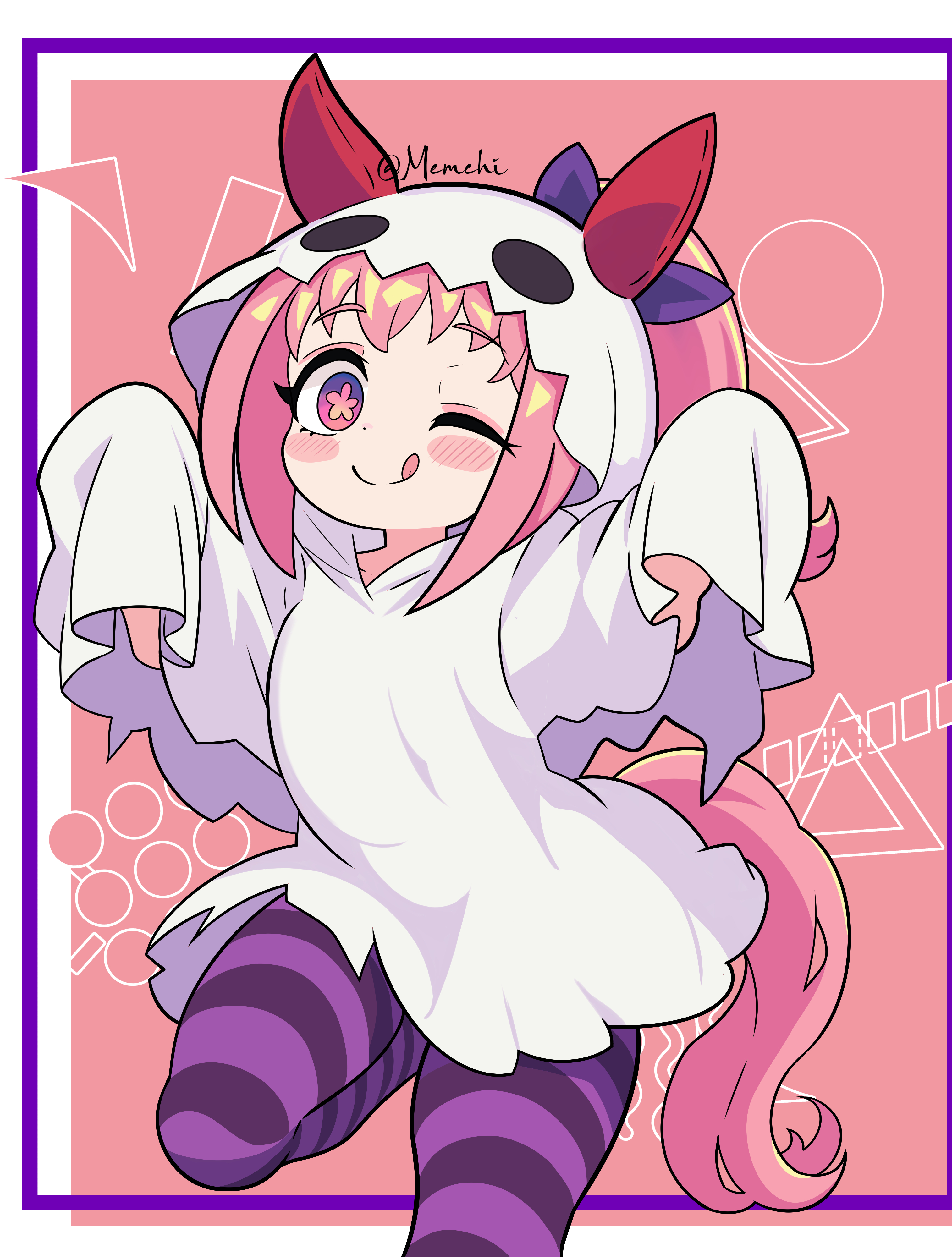 haru urara (umamusume), umamusume, absurdres, highres, 1girl, animal ears, blush, bow, ear bow, ear covers, flower-shaped pupils, flower in eye, ghost, hairband, halloween, headband, horse ears, horse girl, horse tail, long hair, looking at viewer, mem chi, pink eyes, pink hair, pink headband, ponytail, red headband, shirt, smile, solo, symbol-shaped pupils, symbol in eye, tail