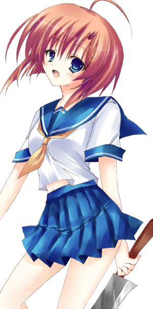 matsumiya kiseri, ryuuguu rena, higurashi no naku koro ni, bad id, bad pixiv id, 00s, 1girl, billhook, blue eyes, brown hair, female focus, hashitsuki nata, hatchet, nata (tool), school uniform, serafuku, short hair, solo