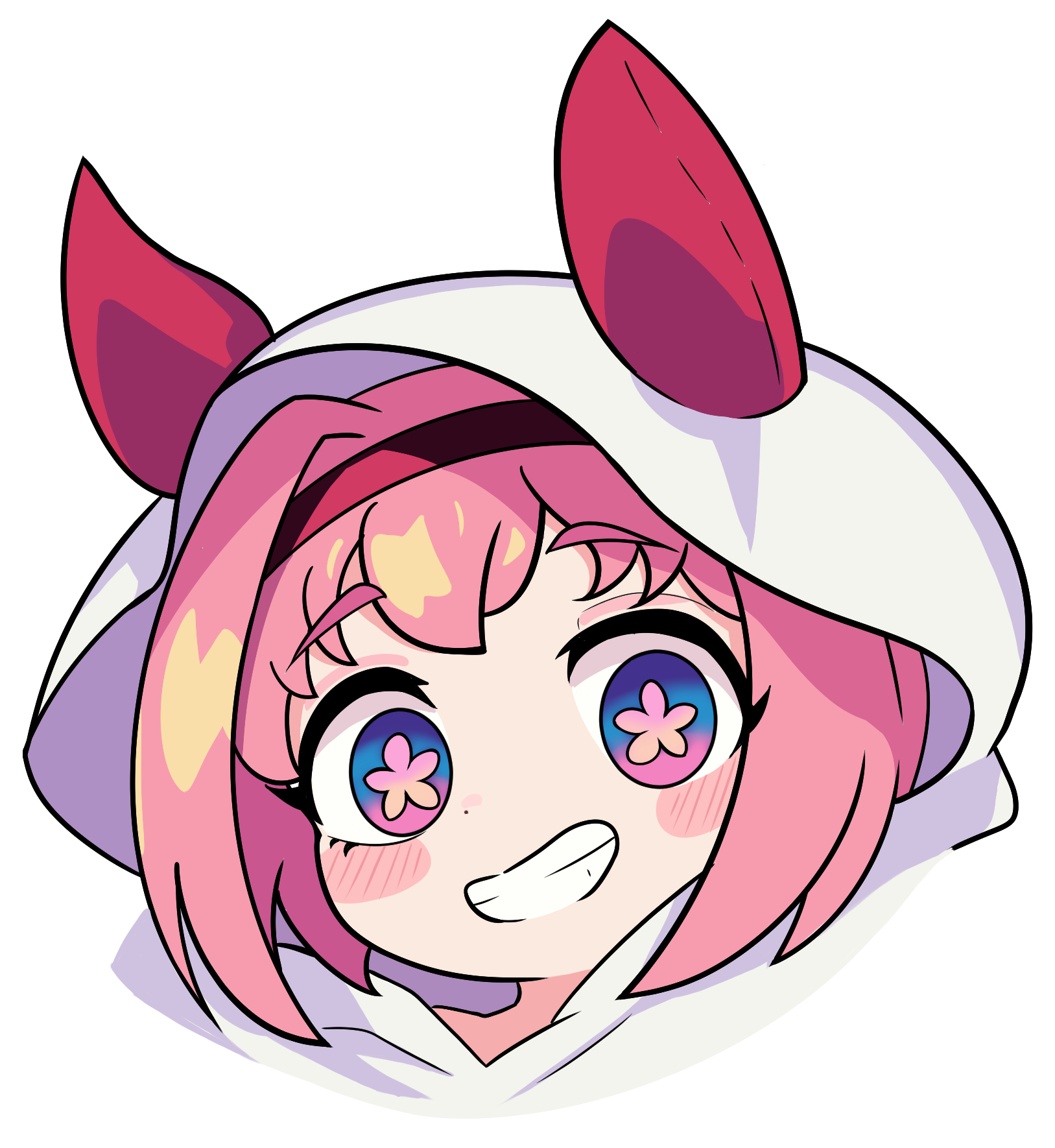 haru urara (umamusume), original, umamusume, highres, 1girl, animal ears, blush, bow, ear bow, ear covers, flower-shaped pupils, flower in eye, ghost, halloween, horse ears, horse girl, long hair, mem chi, open mouth, pink eyes, pink hair, ponytail, smile, solo, symbol-shaped pupils, symbol in eye