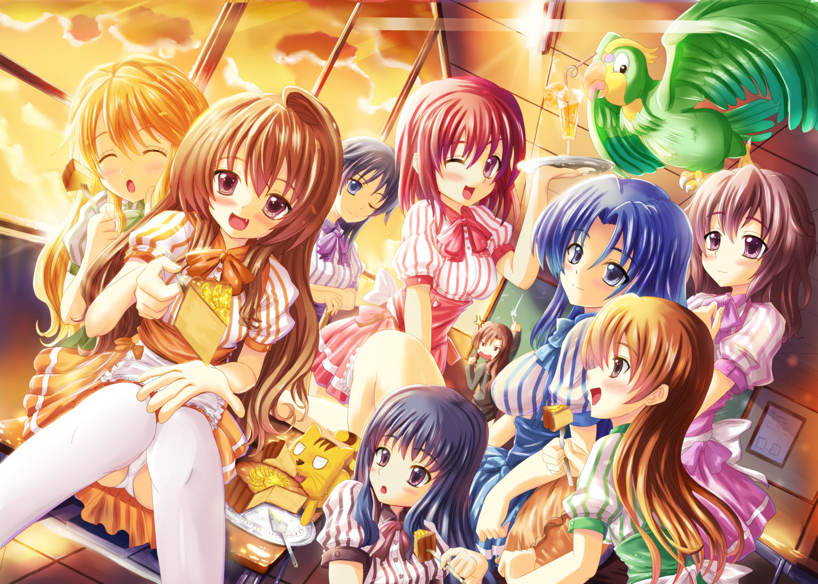 kamishiro ryuu, aisaka taiga, inko (toradora), kanou sakura, kanou sumire, kashii nanako, kawashima ami, kihara maya, koigakubo yuri, kushieda minori, palmtop tiger, takasu yasuko, toradora!, striped, uniform, highres, 00s, 6+girls, bird, blush, cake, classroom, desk, dutch angle, everyone, fang, food, multiple girls, one eye closed, panties, pantyshot, parrot, pastry, school, sitting, sunset, thighhighs, tiger, underwear, waitress, wink