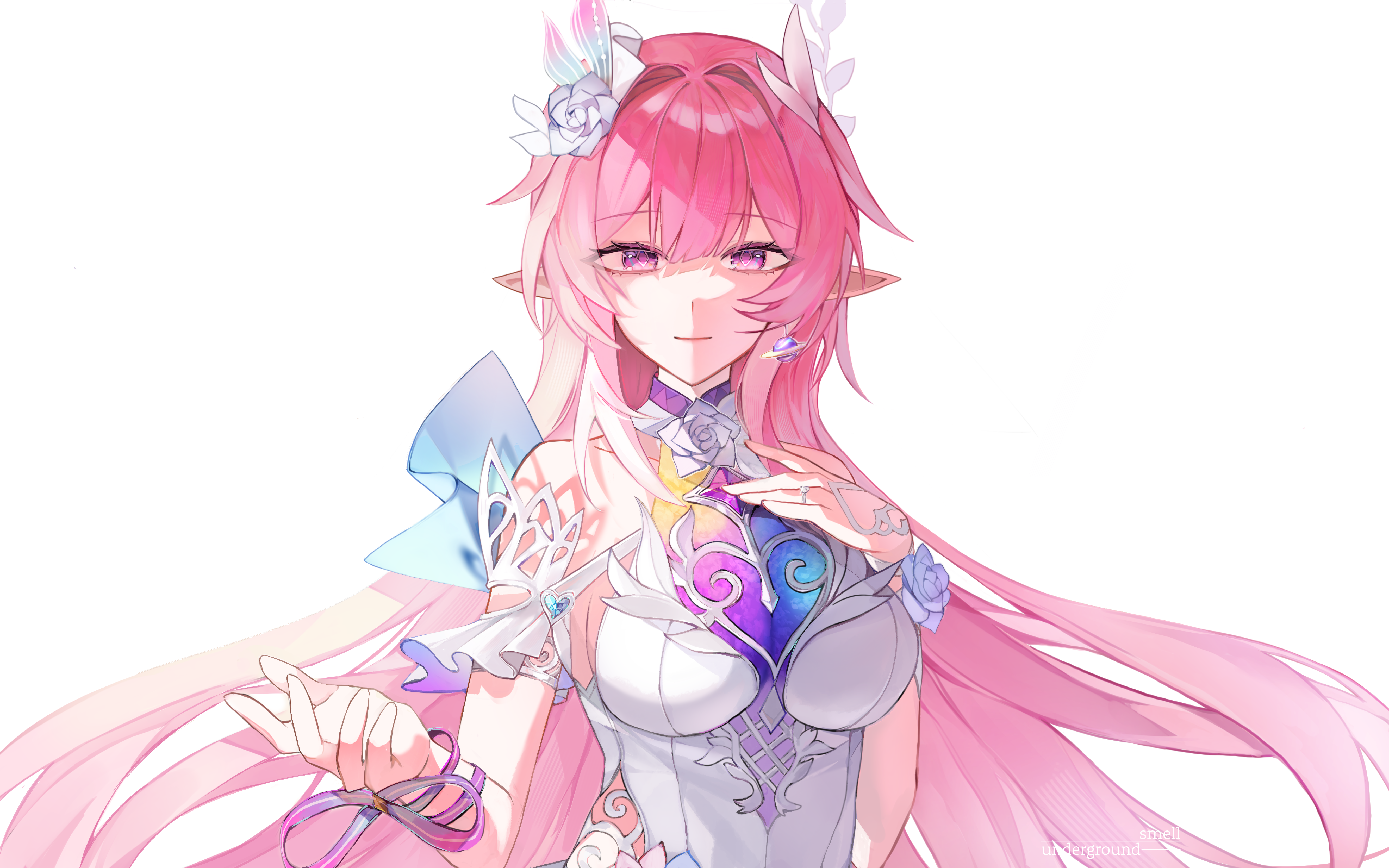 cyrene (honkai: star rail), cyrene (ripples of past reverie) (honkai: star rail), honkai: star rail, honkai (series), absurdres, commentary, english commentary, highres, 1girl, bare shoulders, breasts, diamond-shaped pupils, diamond (shape), earrings, flower, hair flower, hair ornament, halo, jewelry, large breasts, long hair, looking at viewer, multicolored hair, pink hair, pointy ears, purple eyes, simple background, solo, symbol-shaped pupils, two-tone hair, undergroundsmel, upper body, very long hair, white background, white hair