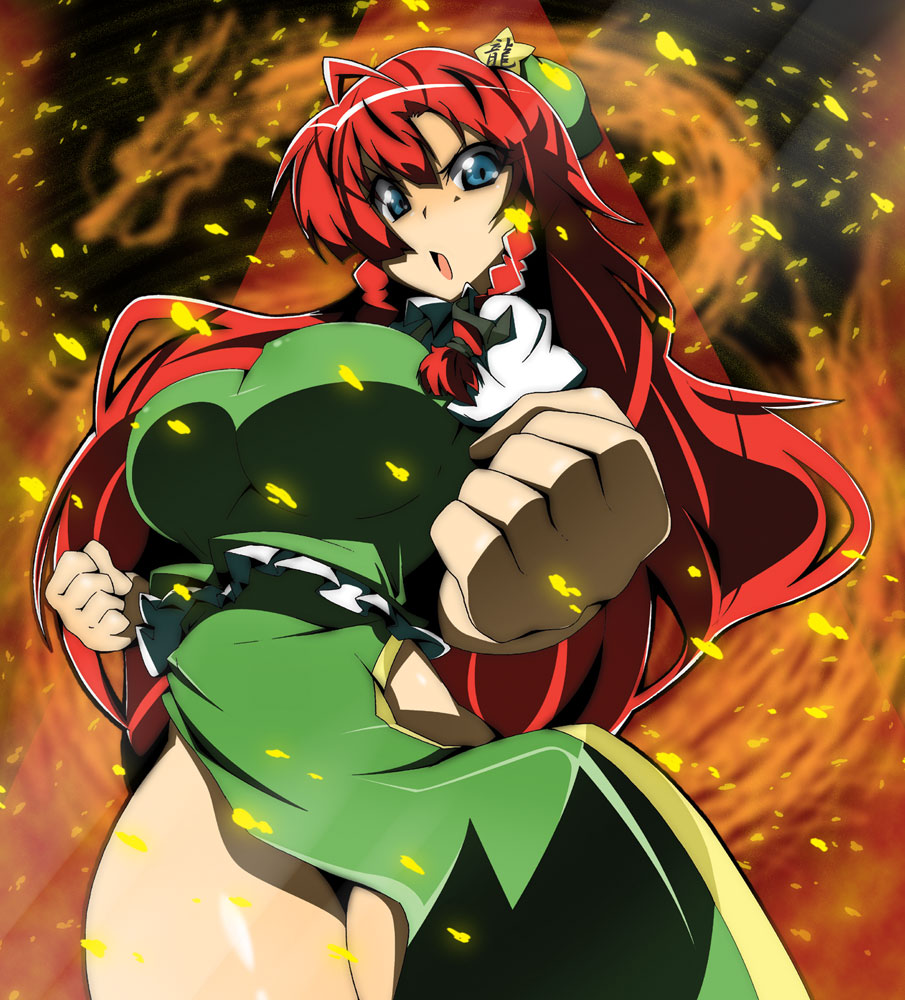 toudori, ex-meiling, hong meiling, immaterial and missing power, touhou, 1girl, ahoge, blue eyes, braid, breasts, china dress, chinese clothes, cleavage, clenched hand, clenched hands, covered erect nipples, dress, female focus, fighting stance, hat, impossible clothes, impossible shirt, large breasts, long hair, no bra, no panties, red hair, ribbon, shirt, side slit, solo, thighs, twin braids