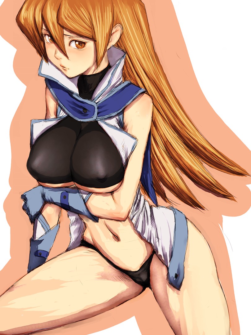 fumio (rsqkr), tenjouin asuka, yu-gi-oh!, yu-gi-oh! gx, 1girl, black panties, bottomless, breasts, brown eyes, brown hair, covered erect nipples, curvy, duel academy uniform (yu-gi-oh! gx), female focus, gloves, large breasts, long hair, navel, no pants, obelisk blue uniform, panties, solo, underboob, underwear, undressing