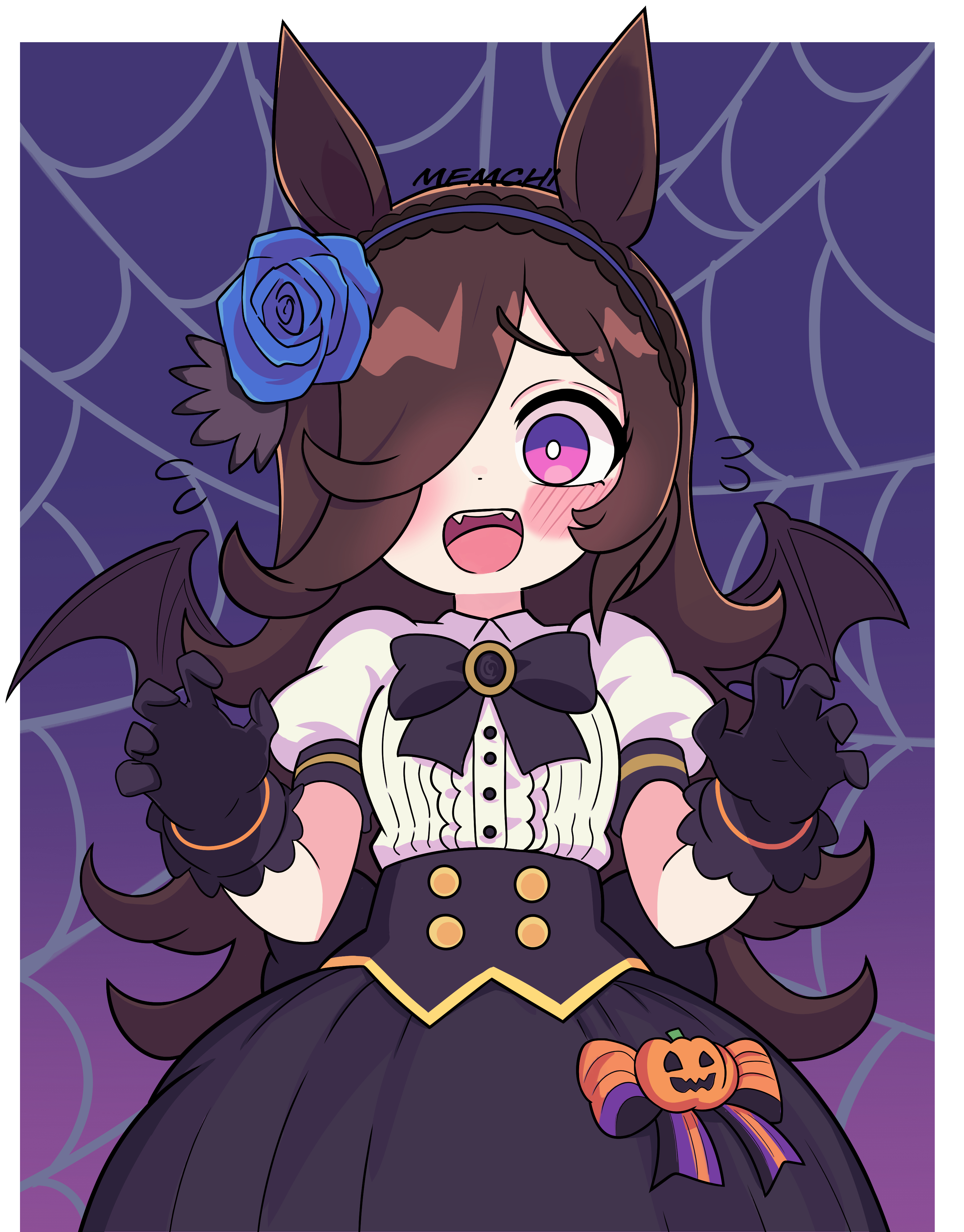 rice shower (make up vampire!) (umamusume), rice shower (umamusume), umamusume, absurdres, highres, 1girl, animal ears, blue flower, blue rose, blush, brown hair, dress, flipped hair, flower, hair over one eye, halloween, hat, hat flower, horse ears, horse girl, horse tail, jack-o'-lantern ornament, long hair, looking at viewer, mem chi, open mouth, purple eyes, rose, smile, solo, tail, tilted headwear