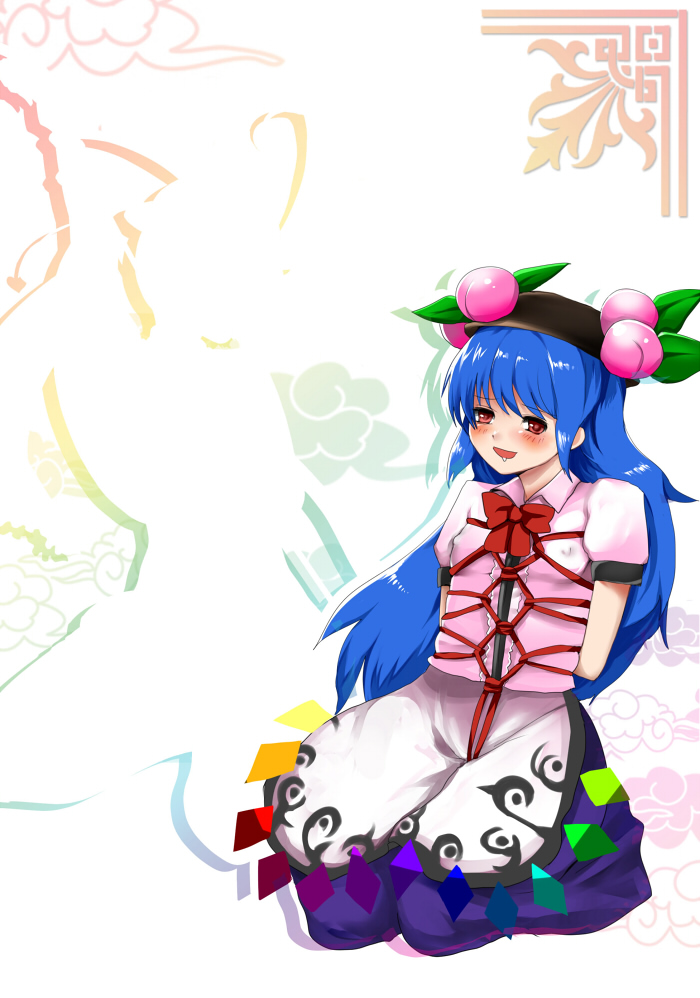 mushirou, hinanawi tenshi, touhou, bad id, bad pixiv id, 1girl, bdsm, blue hair, blush, bondage, bound, crotch rope, female focus, flat chest, food, fruit, hat, long hair, masochism, peach, red eyes, shibari, solo